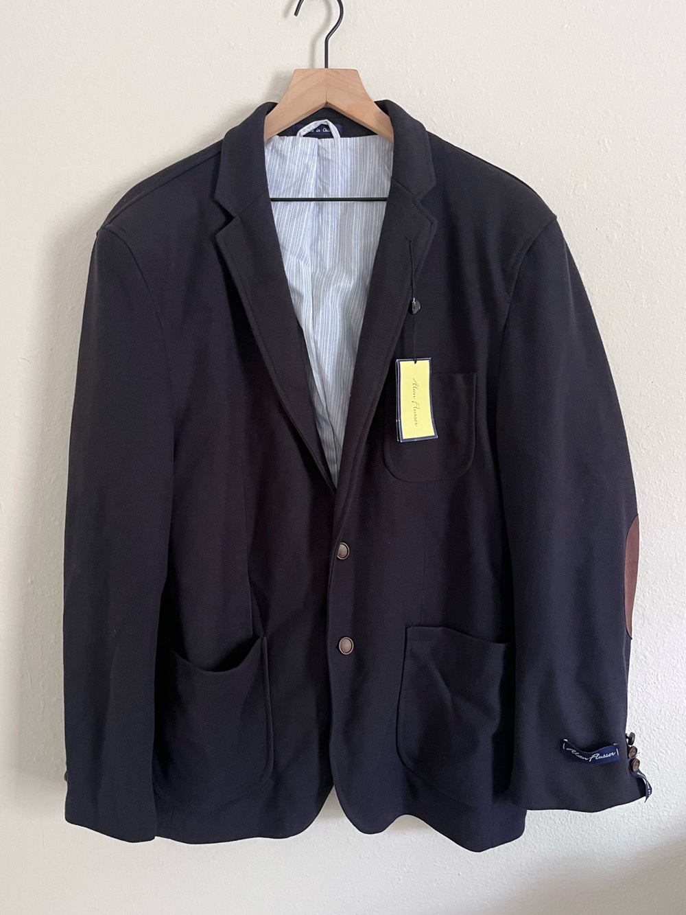 Alan Flusser Men's Unstructured Knit Blazer Sports Coat 46R Brown Elbow Patches